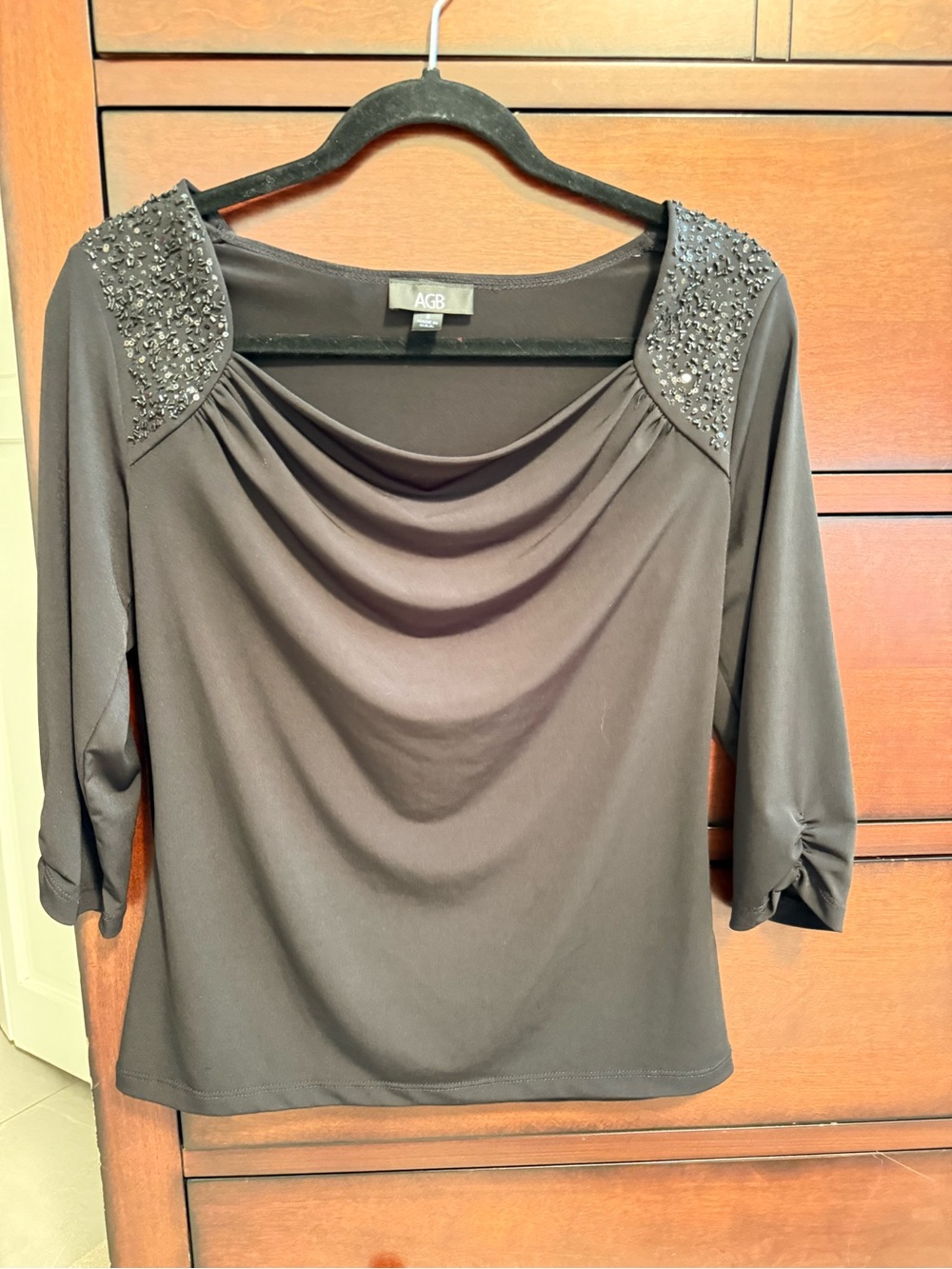 AGB Black Draped Neck Top with Embellished Shoulders